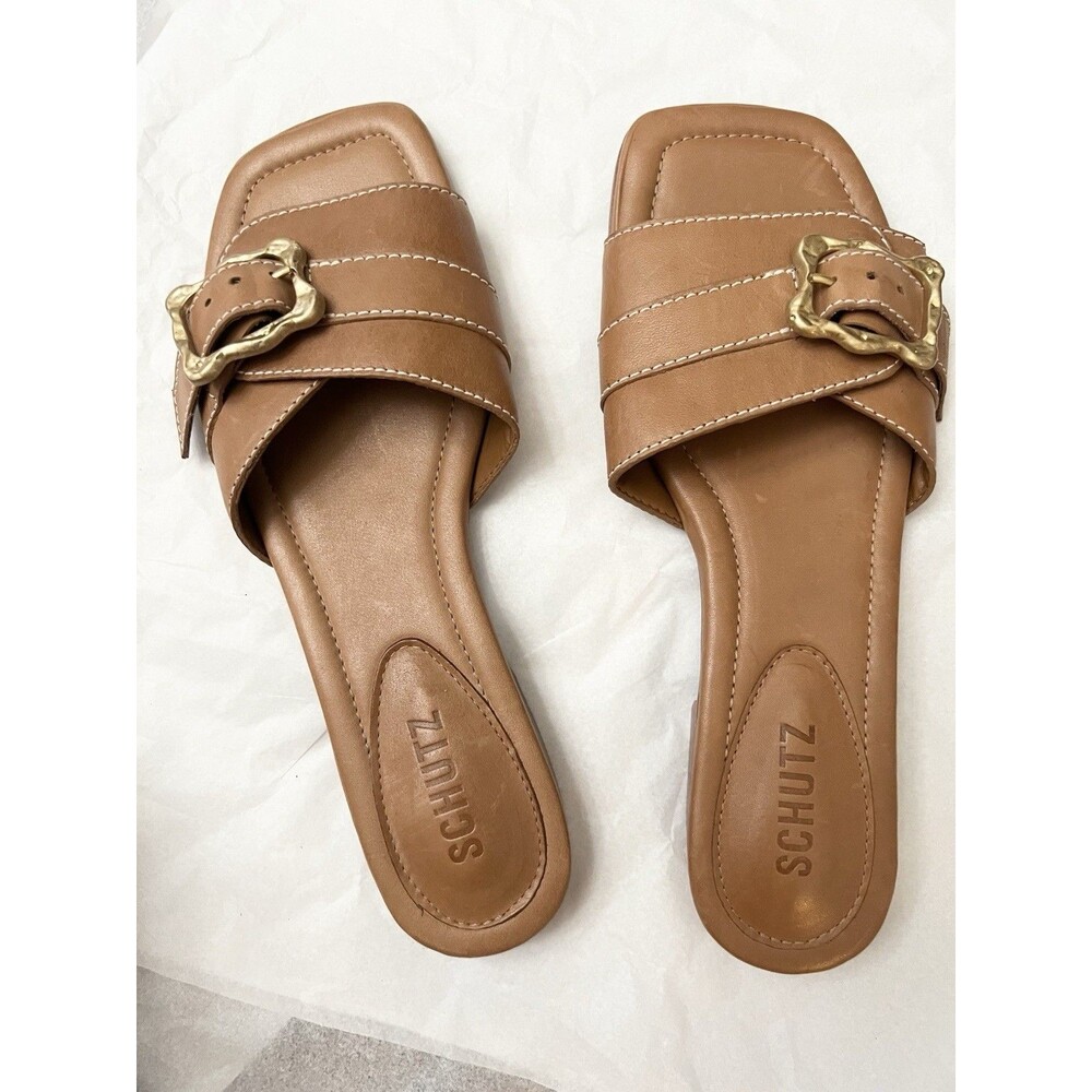 Schutz Wavy Sandals Size 7.5 $155 Brown Leather Flats Buckle Slides Casual Shoes - Picture 4 of 8